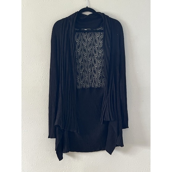 dennis basso Sweaters - Dennis Basso XL Black Open Cardigan Lace Back Pleated Lightweight Whimsy Goth